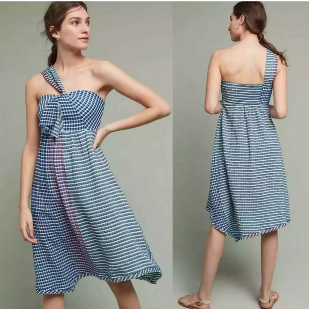 Anthropologie Waverly One Shoulder Plaid by Maeve Ruffle Dress Size 4 Ruffle